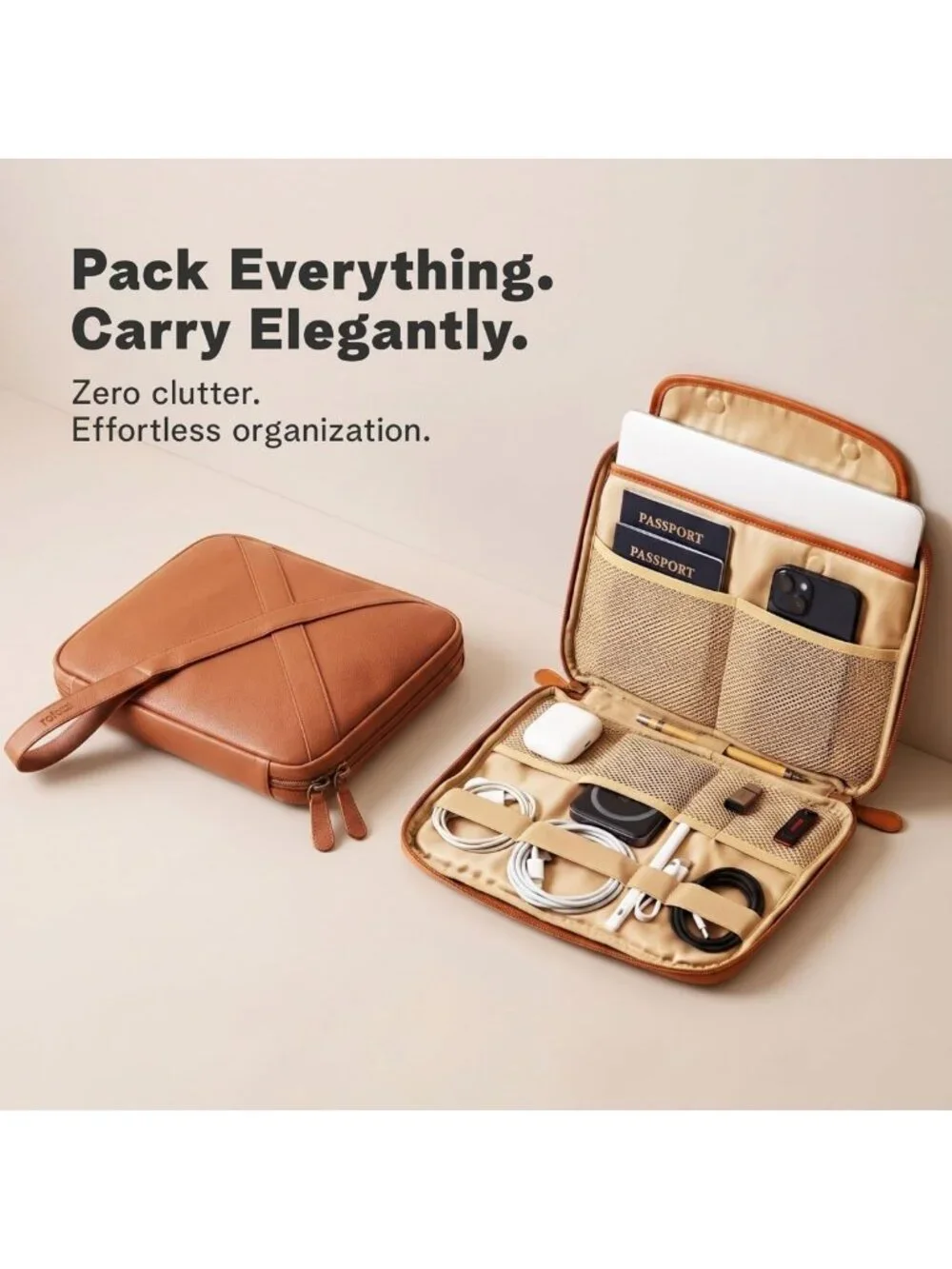 Vegan Leather Travel Tech Organizer Pouch with Tablet Sleeve & Passport Pockets